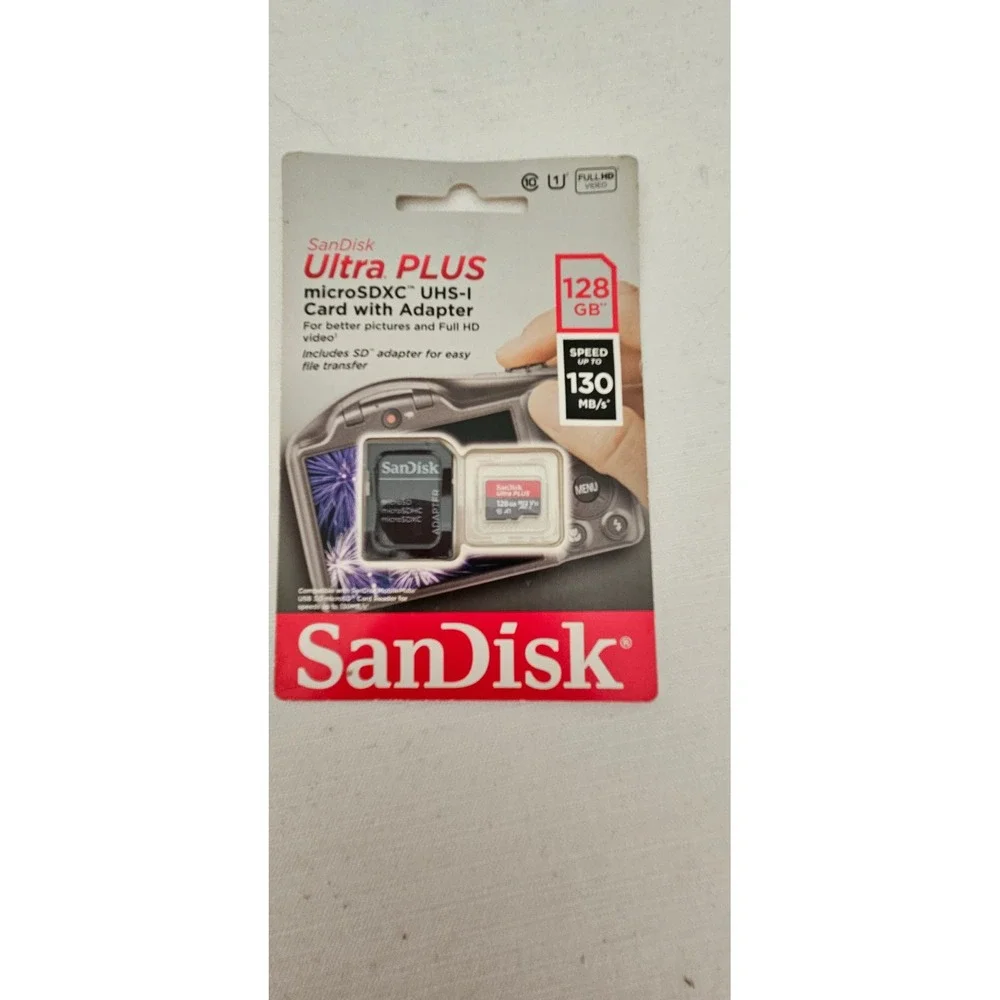 SanDisk Ultra PLUS 128GB microSDXC UHS-I Memory Card with Adapter 130MBs SDSQUB3